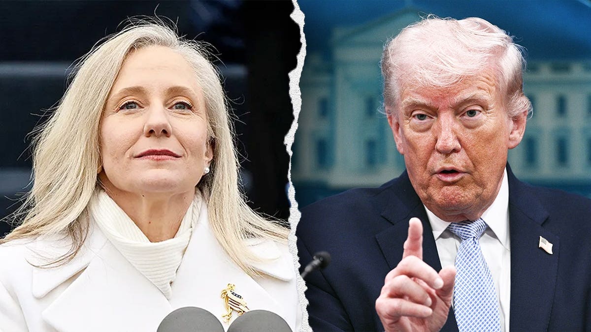 Abigail Spanberger and Donald Trump shown in split image during dispute over Virginia tax policies