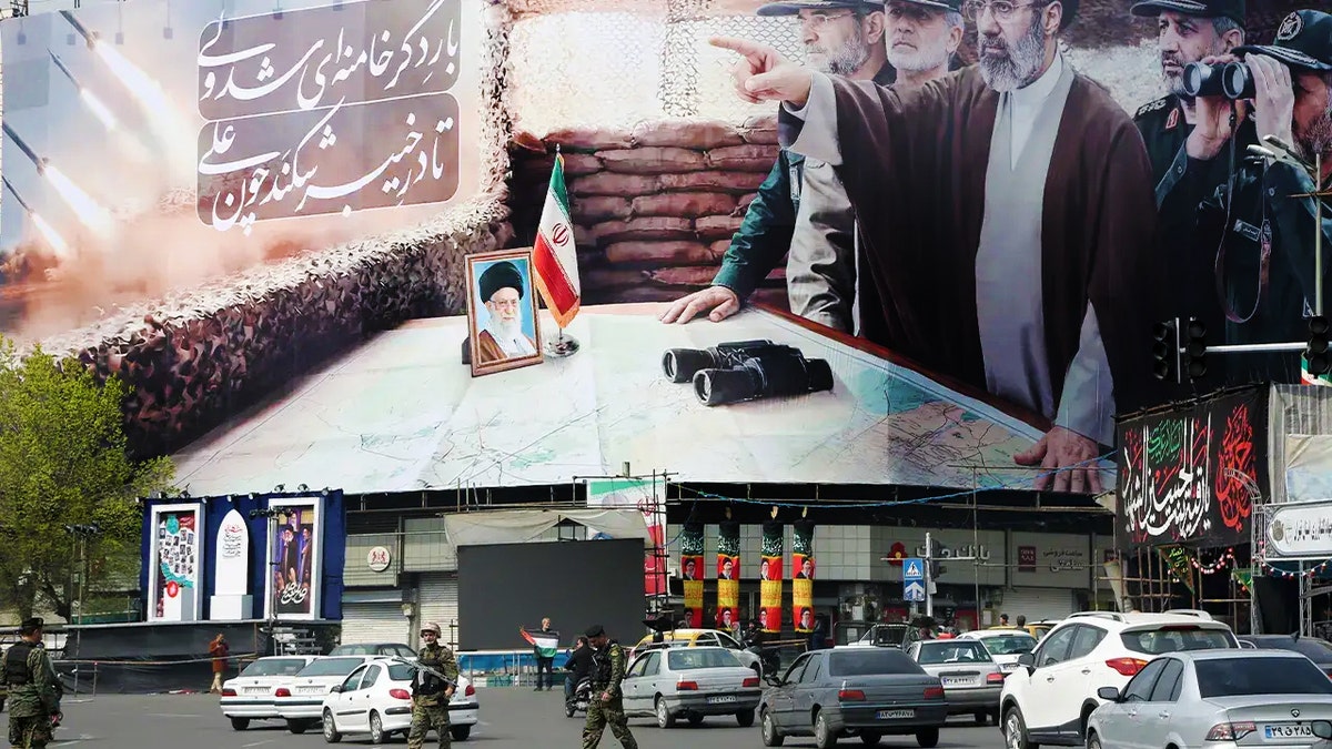 Banner featuring Iran’s Supreme Leader Mojtaba Khamenei and IRGC commanders displayed in Tehran