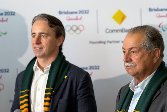 Commonwealth Bank chief executive Matt Comyn and Brisbane 2032 president Andrew Liveris at Thursday’s announcement.