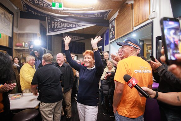 Pauline Hanson at a One Nation meeting in Rosebud.