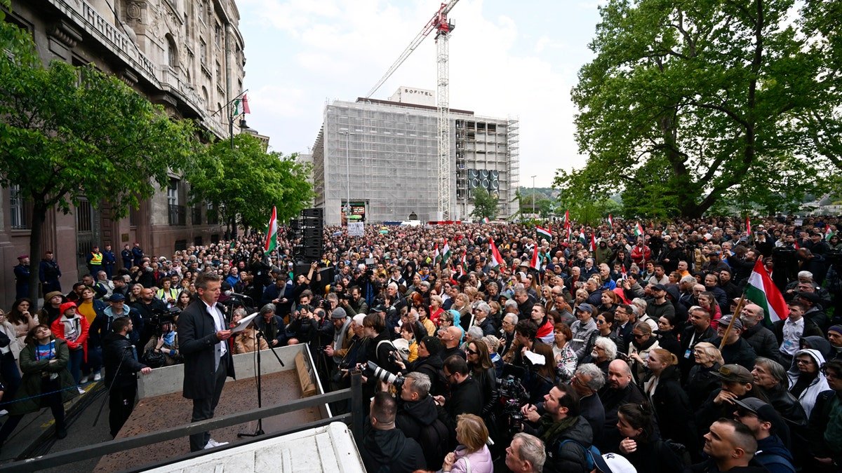 Peter Magyar speaking during a protest outside the Hungarian Interior Ministry building in Budapest
