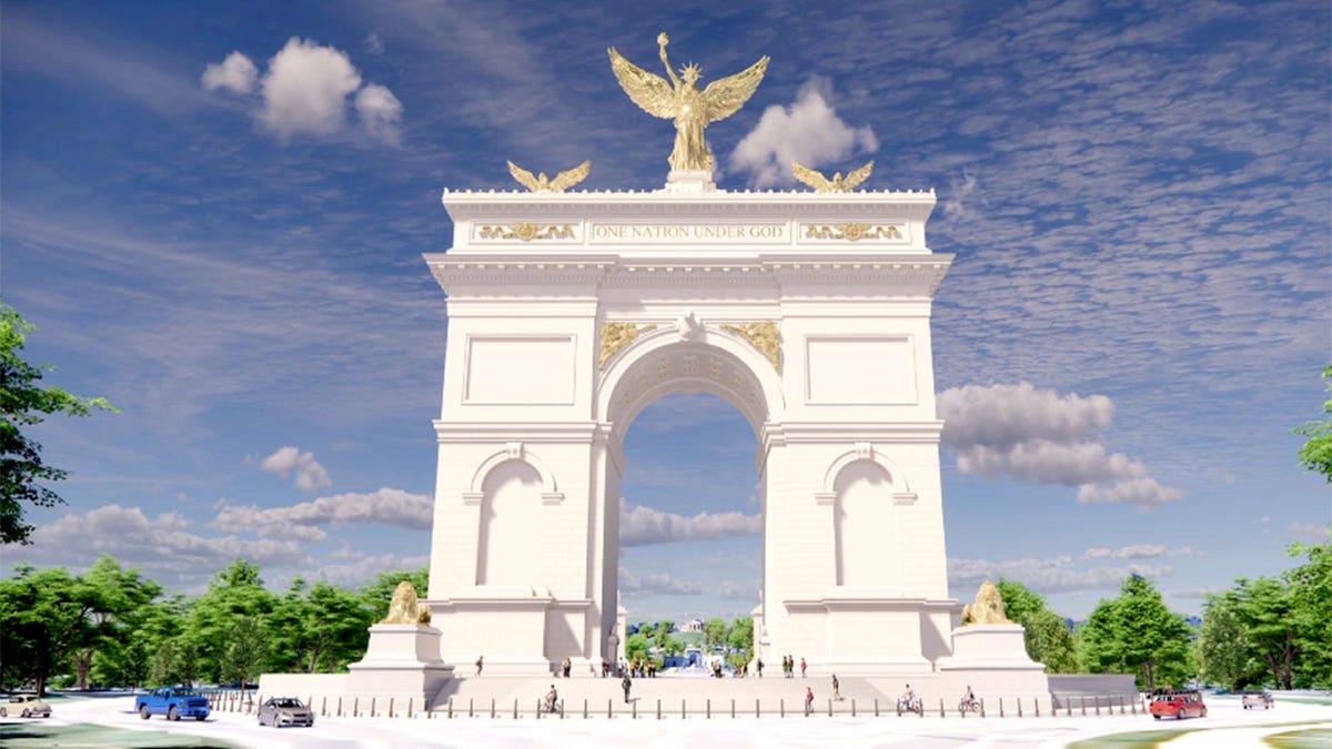 Artistic rendering of the 'Triumphal Arch' in Washington, D.C. featuring the phrase 