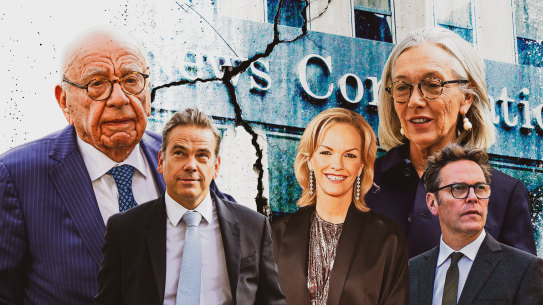 The Murdoch family multibillion-dollar feud has come to an end. Rupert Murdoch and his four eldest children (from left), Lachlan, Elisabeth, Prudence and James.