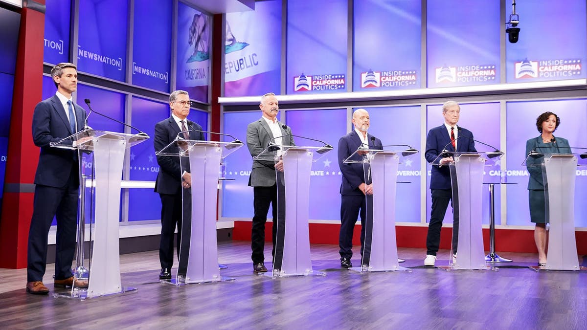 The six candidates for California governor appear on a debate stage