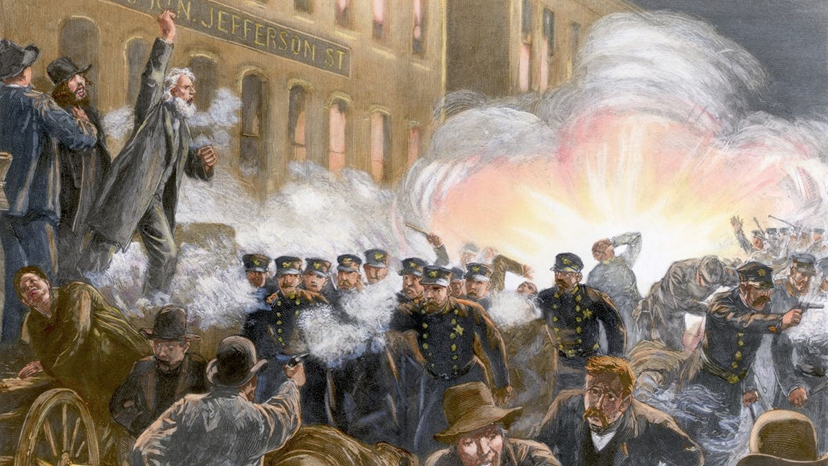 A wood engraving of the Haymarket Affair