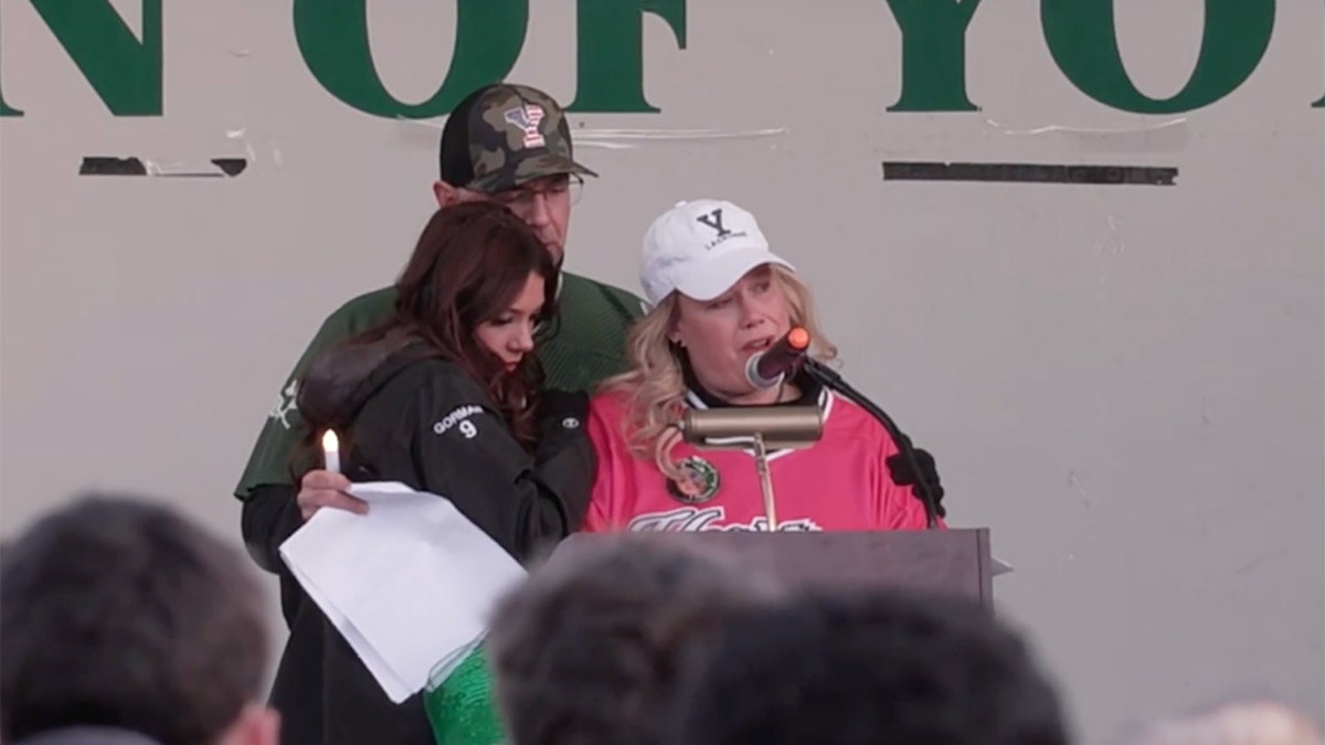 Jessica Gorman speaking at a vigil for her slain daughter Sheridan Gorman in Chicago