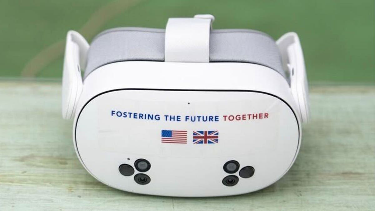 White VR goggles that read "Fostering the Future Together"