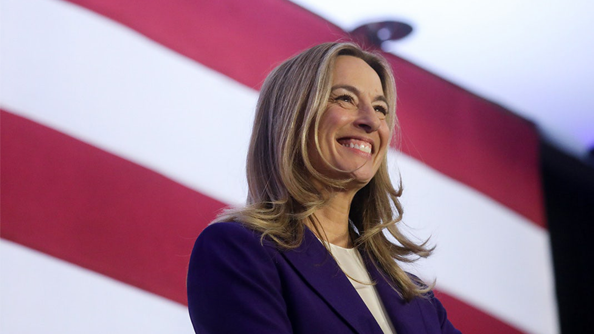 Rep. Mikie Sherrill speaking at an election night event in East Brunswick, New Jersey