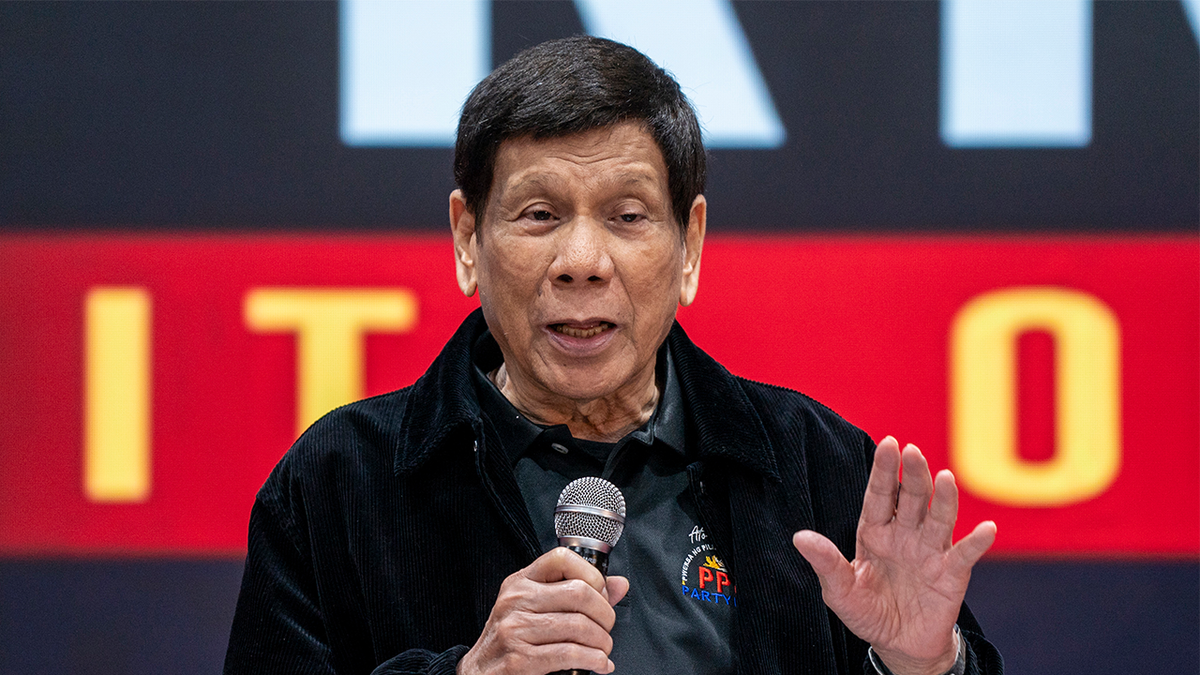 Former President Rodrigo Duterte speaking inside Southorn Stadium in Hong Kong
