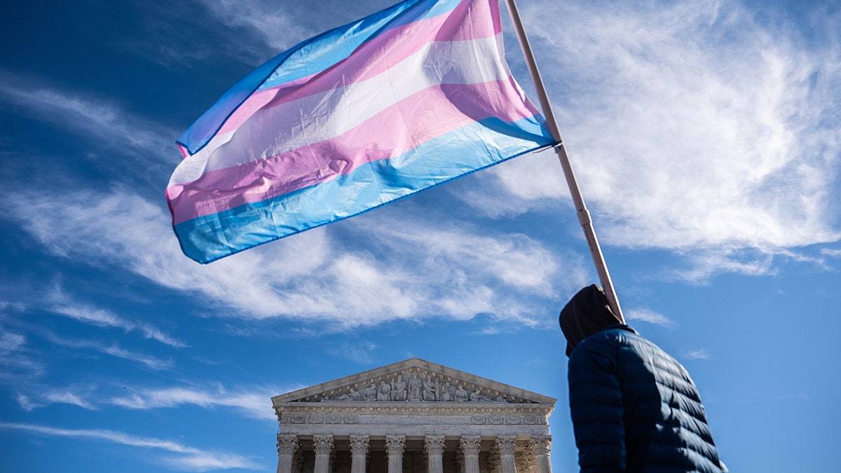 Protesters waving transgender pride flags outside the Supreme Court building in Washington