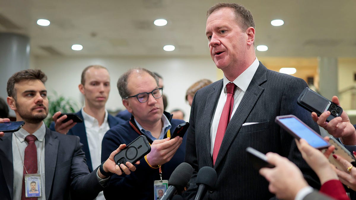 Sen. Eric Schmitt speaking to reporters in the U.S. Capitol Building