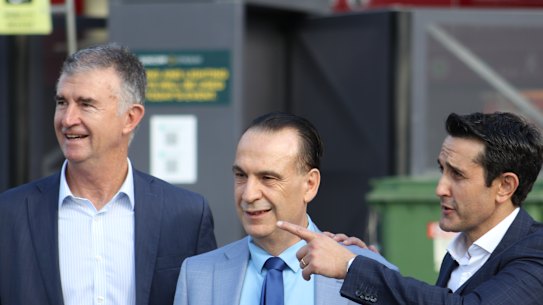 David Crisafulli with Peter V’landys at Suncorp Stadium on Friday ahead of the NRL Magic Round.