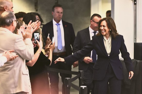 Former vice president Kamala Harris greets supporters ahead of a fireside chat about the future of elections in the US, in Las Vegas in May.