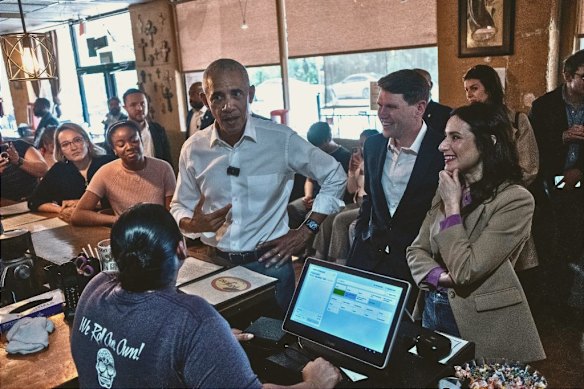 Barack Obama at a taco restaurant with James Talarico and Gina Hinojosa in Texas in May.