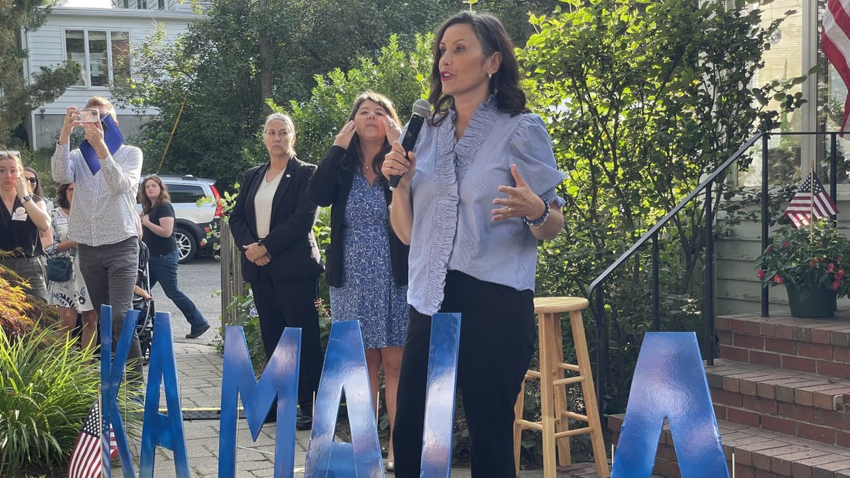 Michigan Gov. Gretchen Whitmer speaking at a house party in Durham, New Hampshire
