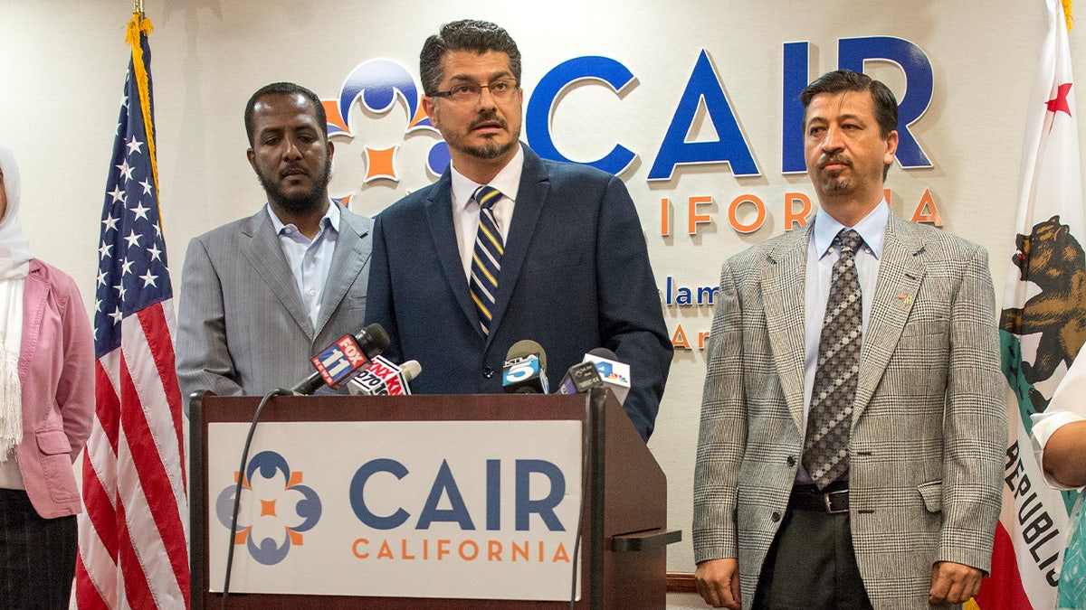 Hussam Ayloush speaking at a press conference with Council on American-Islamic Relations leaders