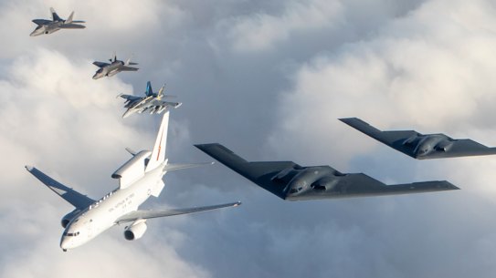 An RAAF Wedgetail, flying in formation with Australian and US jets.