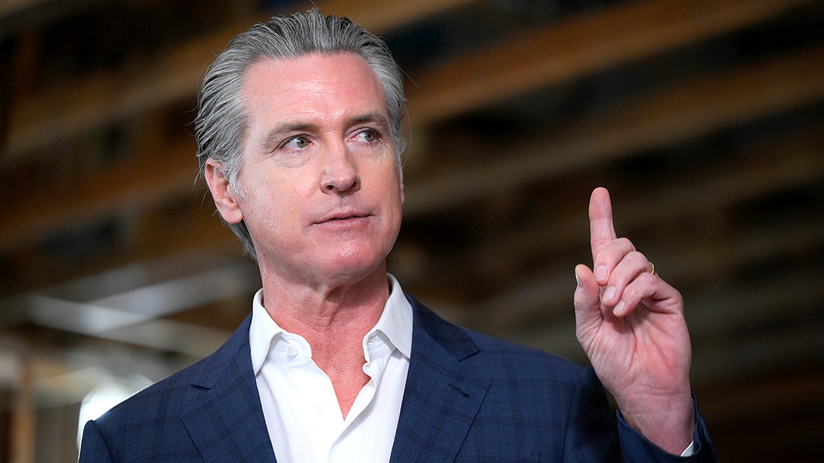 California Gov. Gavin Newsom speaking at a press conference in Hayward