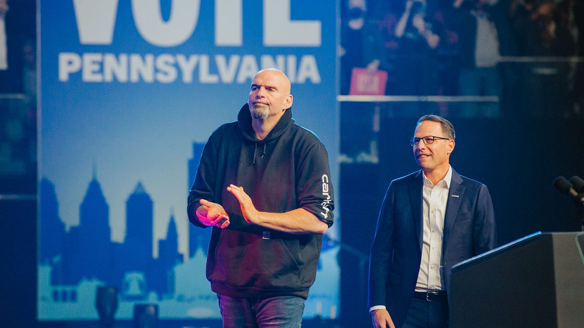 Sen. John Fetterman and Josh Shapiro arriving at a Democratic National Committee rally in Philadelphia