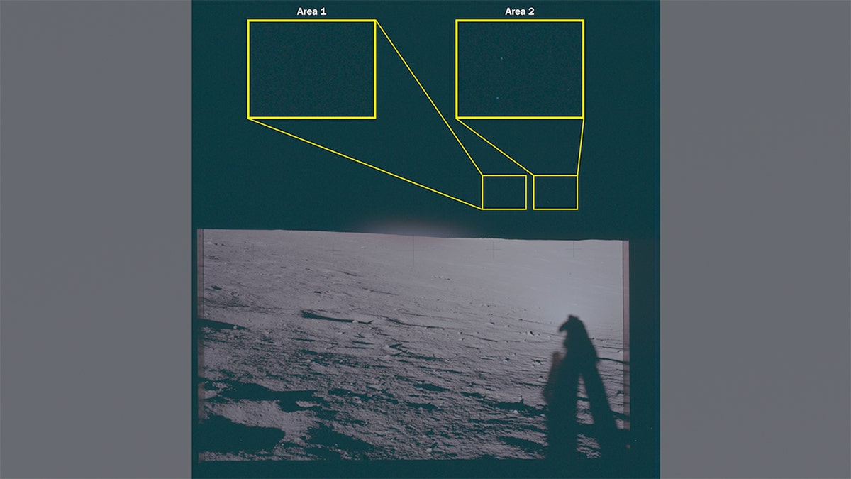Lunar surface from Apollo 12 landing site with two highlighted areas labeled Area 1 and Area 2