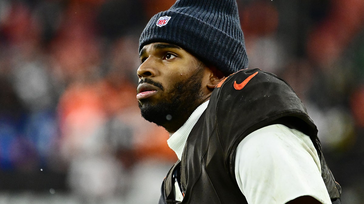Cleveland Browns quarterback Shedeur Sanders watching from the sidelines at Huntington Bank Field