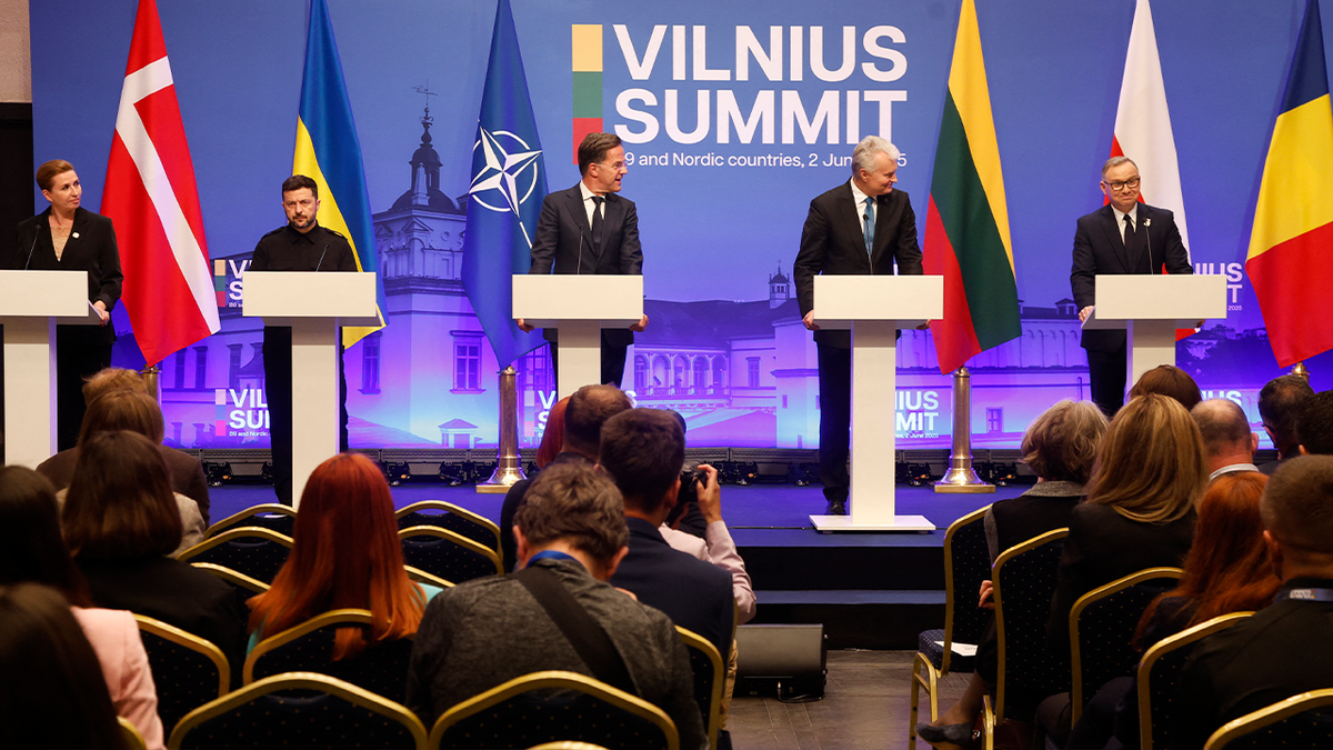Ukrainian President Volodymyr Zelensky and other leaders at a press conference in Vilnius Lithuania
