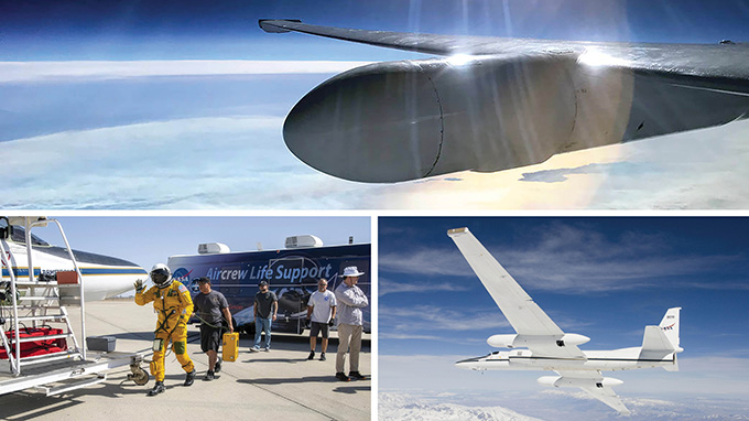 High-altitude research aircraft flying above clouds, with additional images of crew preparing equipment and the plane on the runway.