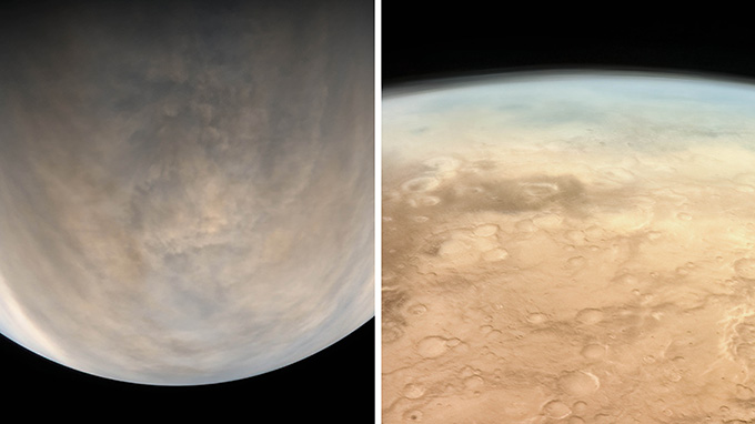 Images of part of the surface of Venus (left) and Mars (right).