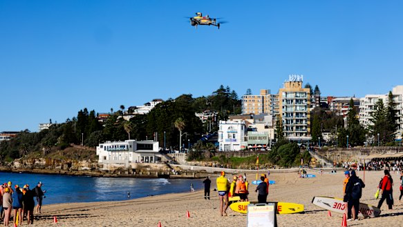 A shark-spotting drone hovers about Coogee Beach.