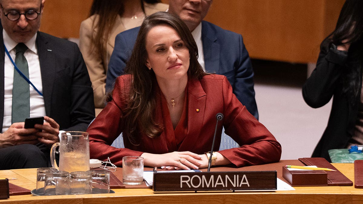 Oana-Silvia Toiu speaking during a Security Council meeting at the UN headquarters in New York