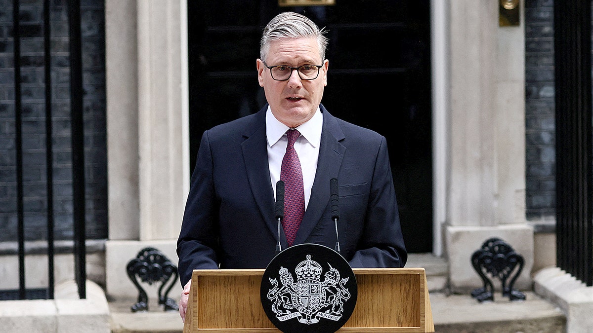 British Prime Minister Keir Starmer speaking outside 10 Downing Street in London