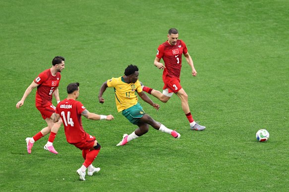Nestory Irankunda scores for the Socceroos against Turkiye in Vancouver.