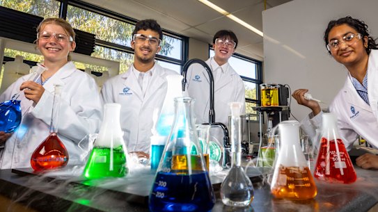 Year 11 students Eliska van der Veen, Issam Alaeddine, Alexander Chan and Hansika Tummala joined John Monash Science School this year. Of the 34 new year 11 students, 21 are girls. 