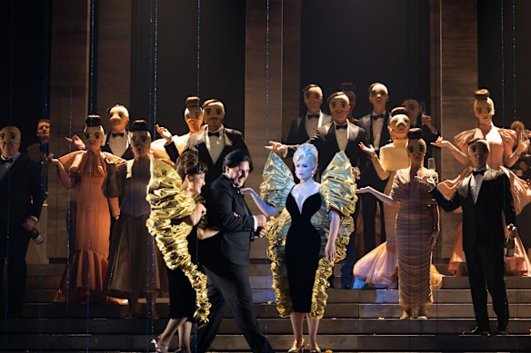 Human but voiceless, Rusalka (Eleanor Lyons, centre right) competes with the Duchess (Eva Kong, centre left) for the affections of the prince (Rosario La Spina).