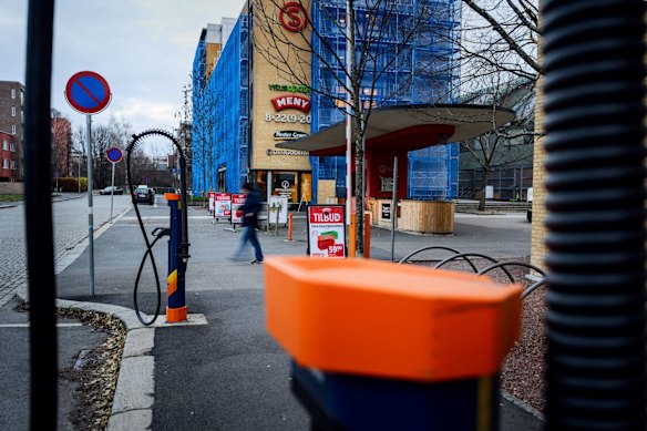 An electric vehicle charging station outside a former petrol station in Oslo, Norway.