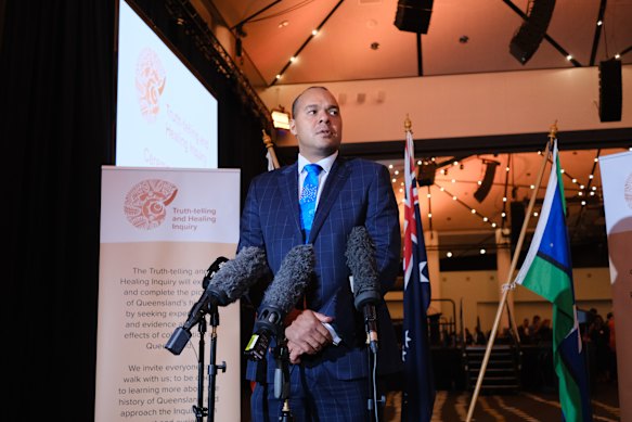 Queensland Truth-telling and Healing Inquiry chairperson Joshua Creamer speaks to journalists in September 2024 – before the inquiry was dumped by the Crisafulli government.