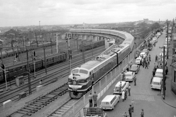 The Southern Aurora train arrives at Spencer St Station, April 14, 1962