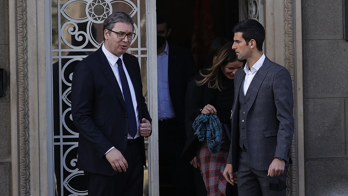 BELGRADE, SERBIA - FEBRUARY 03:  Aleksandar Vučić (L) President of Serbia talks with tennis player Novak Djokovic (R) of Serbia after their meeting  on February 3, 2022 in Belgrade, Serbia. 