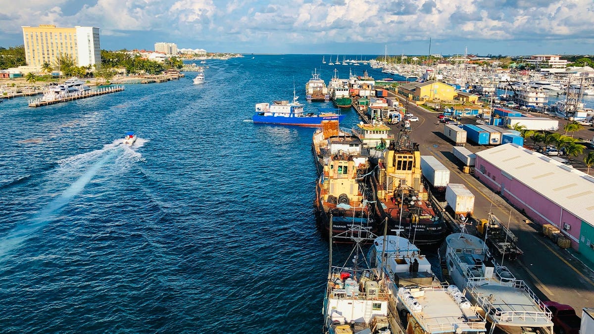 View of the entrance of the port of Nassau from the Sydney Poitier Bridge in Nassau, Bahamas on April 29, 2019.