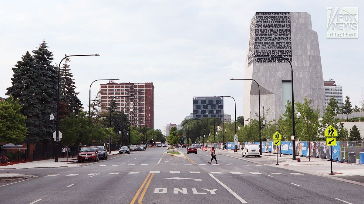 Roadway view of the Obama Presidential Center in Chicago.