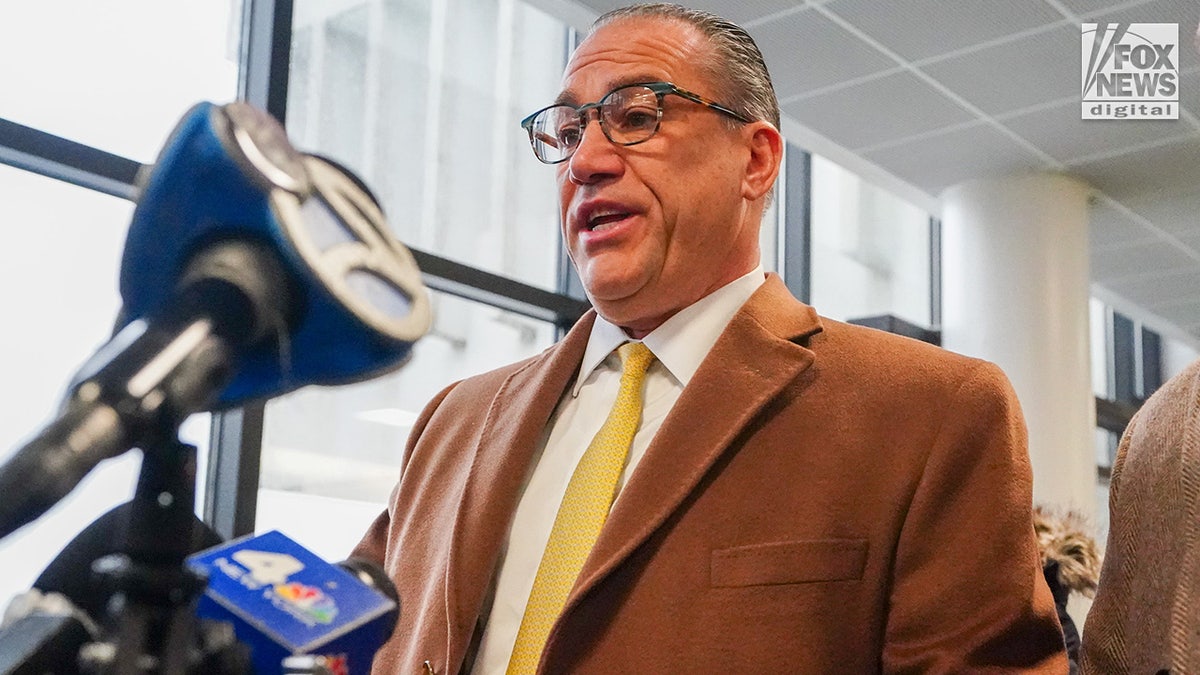 Attorney Bob Macedonio speaking to media at Suffolk County Courthouse in Riverhead New York