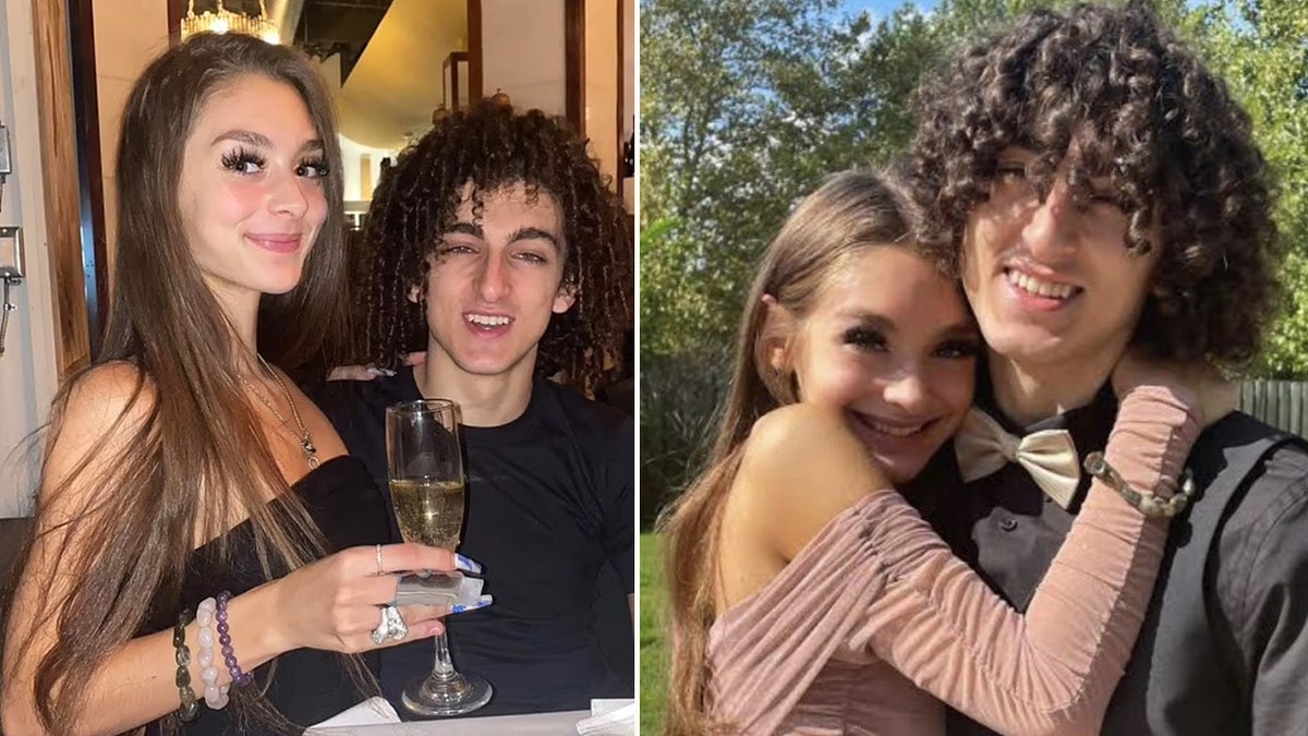 Mackenzie Shirilla posing with wine glass and her arms around Dominic Russo