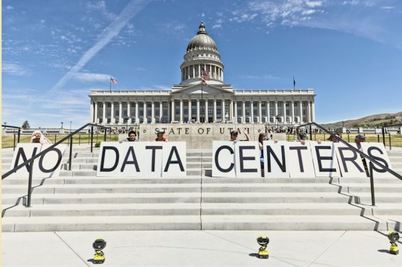 A protest against outside Utah’s State Capitol in May to oppose the construction of a new data centre in Salt Lake City.