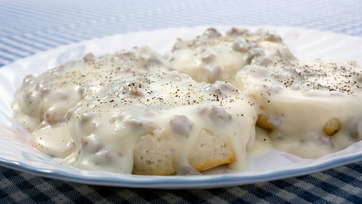 A plate of biscuits and gravy.