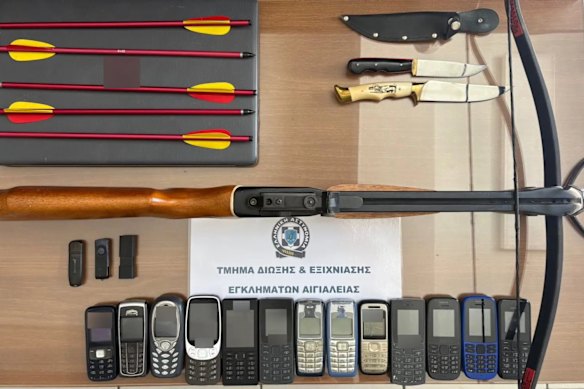 A crossbow and more than a dozen phones were seized in a raid of James Dalamangas’ home. 