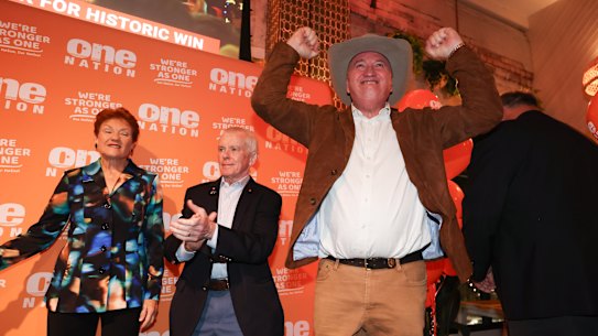 Barnaby Joyce celebrates at the One Nation election party at The Bended Elbow Hotel after its win in Farrer.