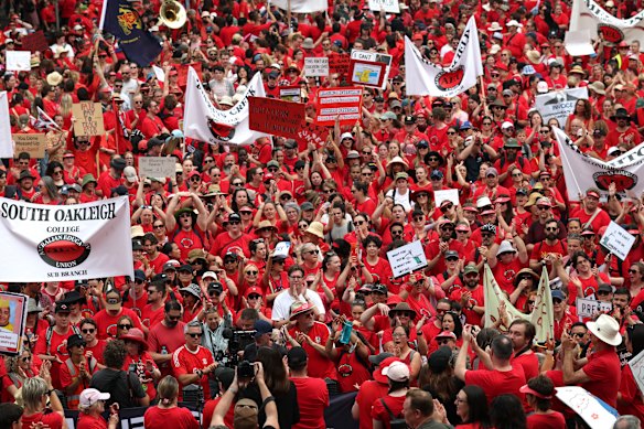 Teachers rally at the steps of Parliament House as part of a 24-hour strike in early March.