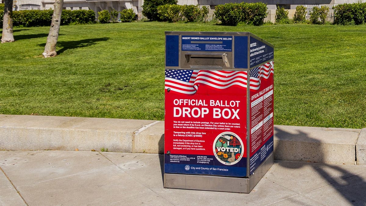 An official ballot drop box outside City Hall in San Francisco, California.