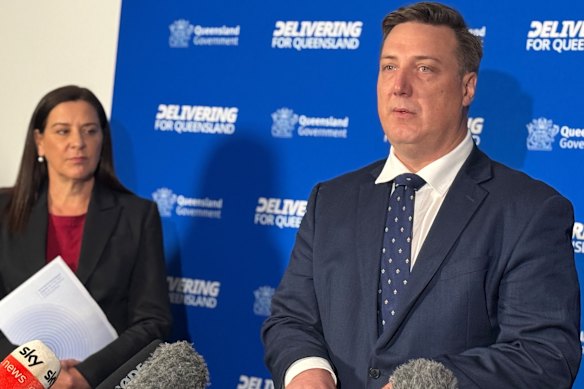 Queensland Attorney-General Deb Frecklington and Queensland Family & Child Commission commissioner Luke Twyford fronting media last week.