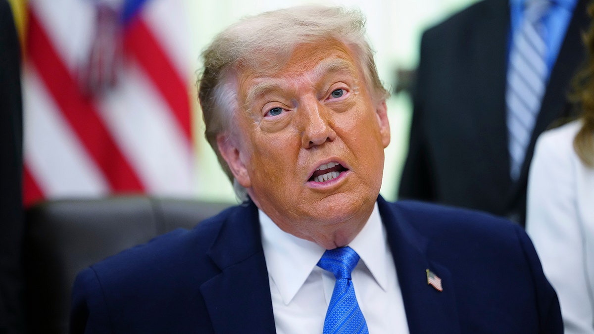 President Donald Trump speaking in the Oval Office of the White House